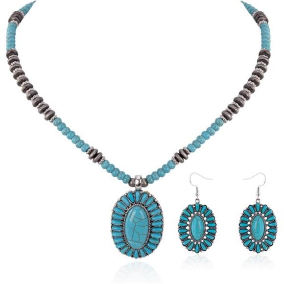Western Jewelry Set for Women Cowgirl Necklace Earrings Turquoise Concho Style - Picture 1 of 7